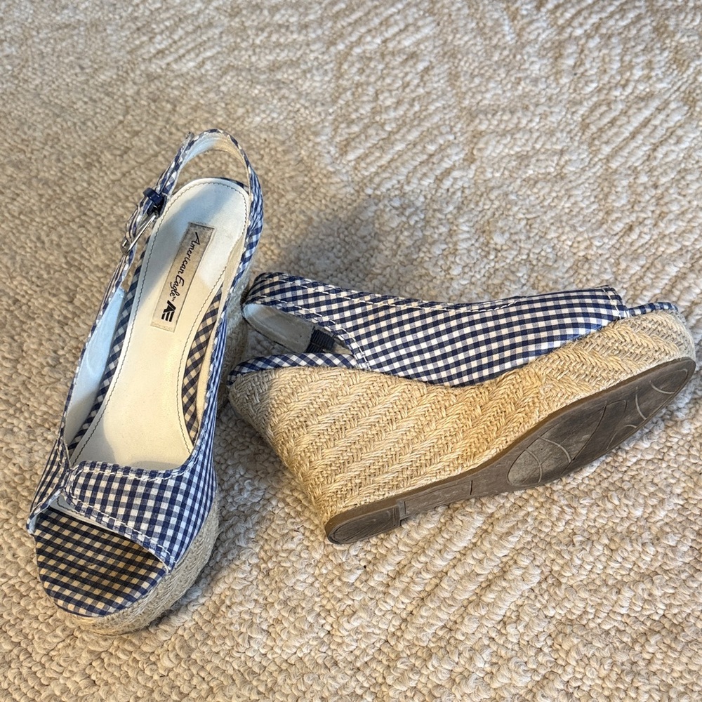 American Eagle Outfitters Navy Gingham Wedge Sandals